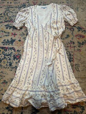 Antonio Melani Cleo Blue and White Floral Striped Linen Blend Wrap Midi Dress -8